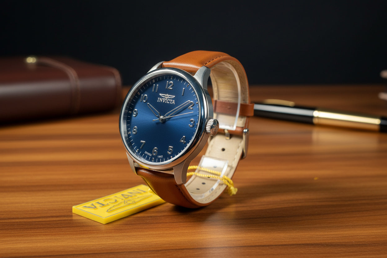 Mens Celestial Blue Sunray Dial Invicta watch with brown leather strap on a white surface, surrounded by Invicta branded materials.