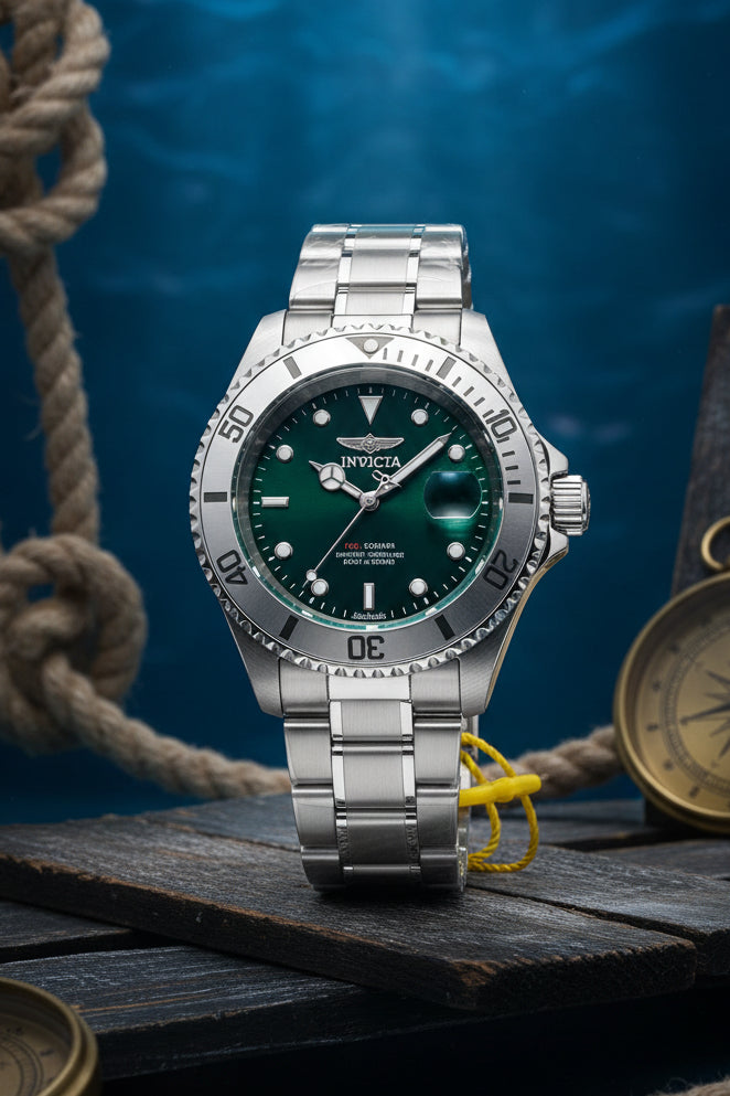 Invicta Mens Pro diver Aurenova 40mm  Silver watch with a dark face on a white background