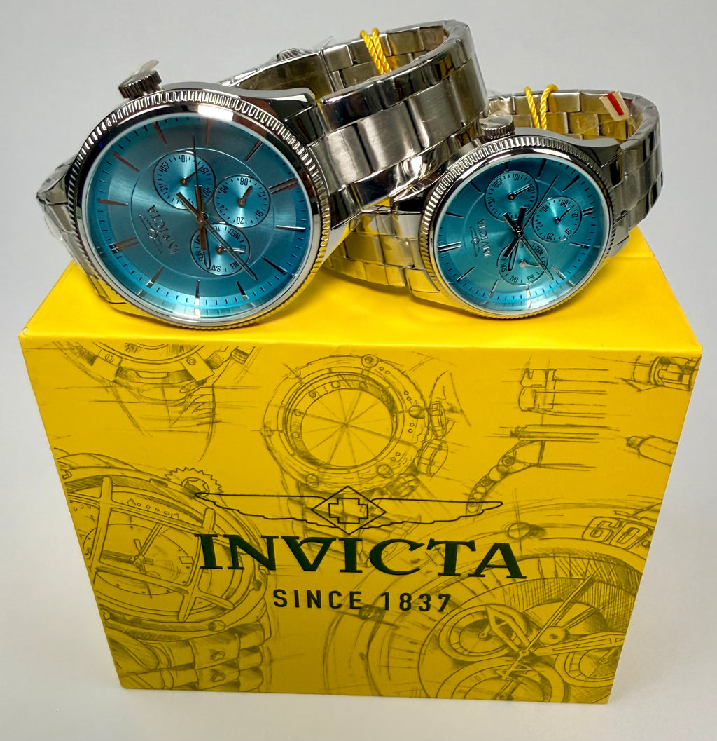 49957 Invicta Specialty His Hers Set Light Blue Dial 42mm 34mm Steel Watch Set