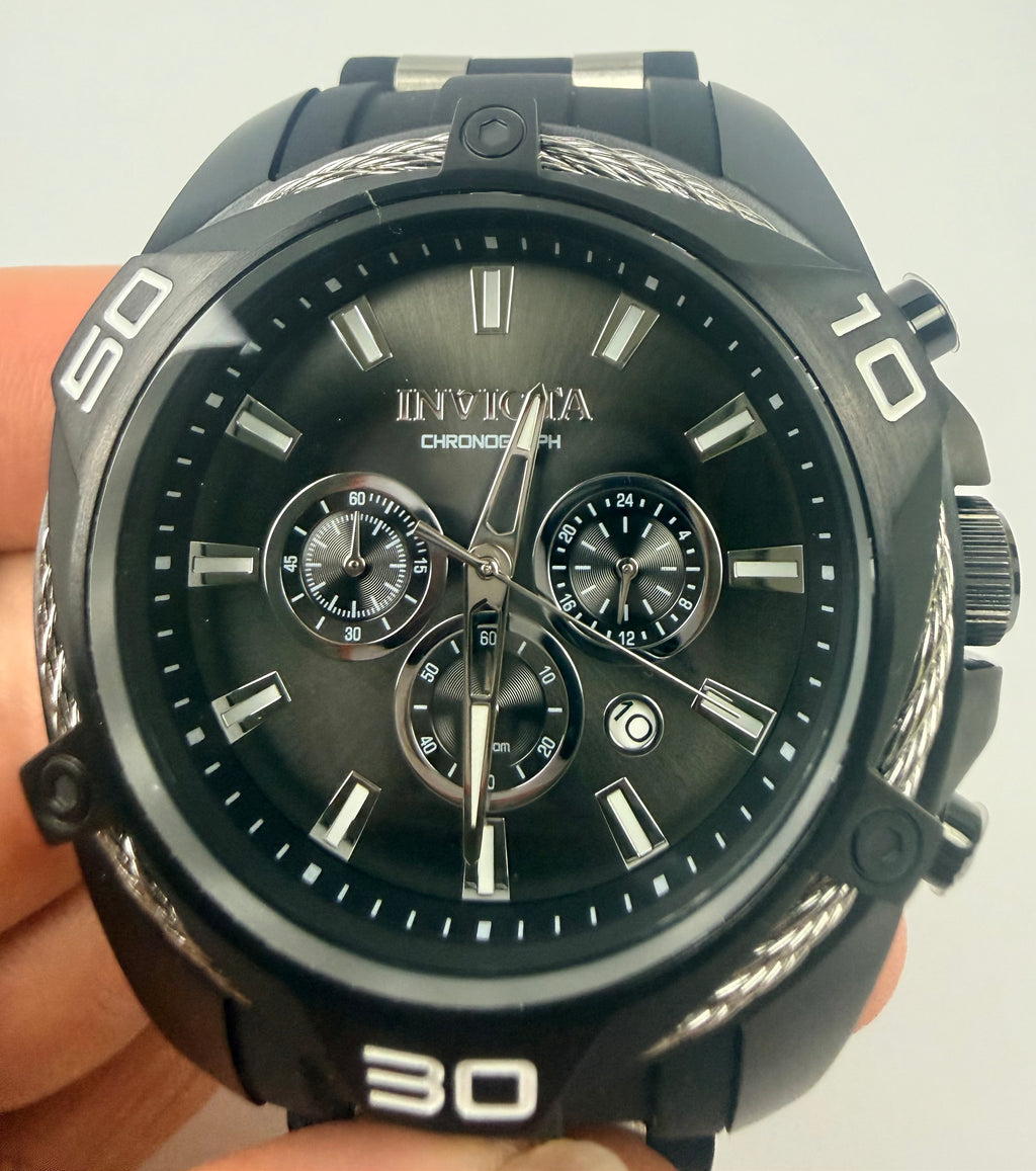 34145 Mens Invicta Bolt Vanguard 50mm Steel Black Dial Polyurethane Strap Watch 100M WR