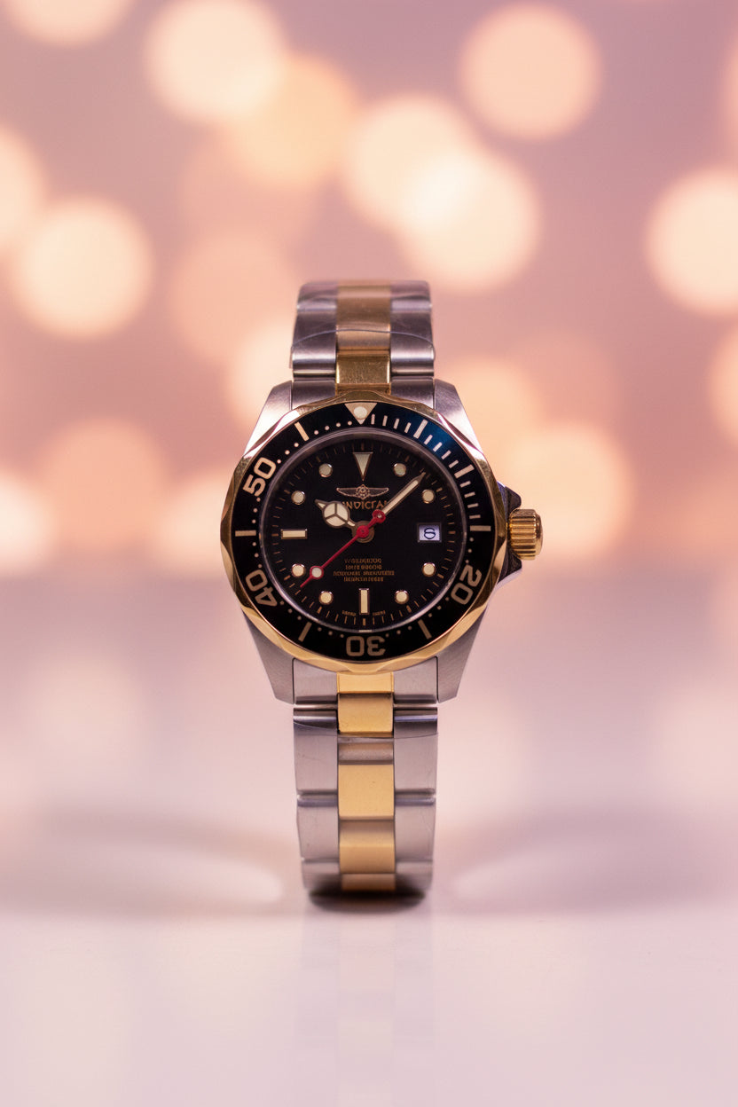 Two-tone Ladies Invicta Pro Diver 24.5 mm watch with a black face on a light gray background