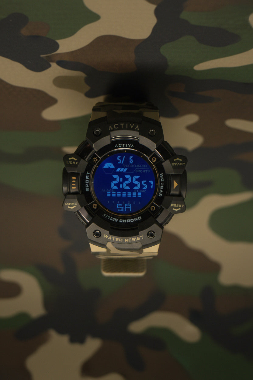 Activa Camo Sport Watch Digital wristwatch with camouflage design on a light gray background