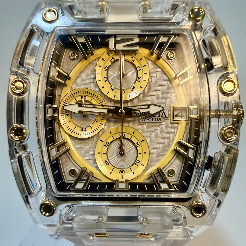 Invicta S1 Rally 42mm Gold Dial Transparent Case Quartz Chronograph Watch 70147 face
