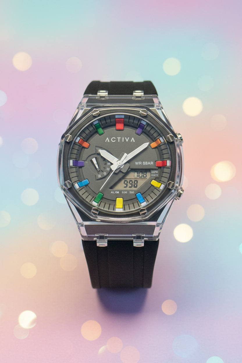 Activa Kaleido Rainbow Wristwatch with clear case and black strap on a light gray background