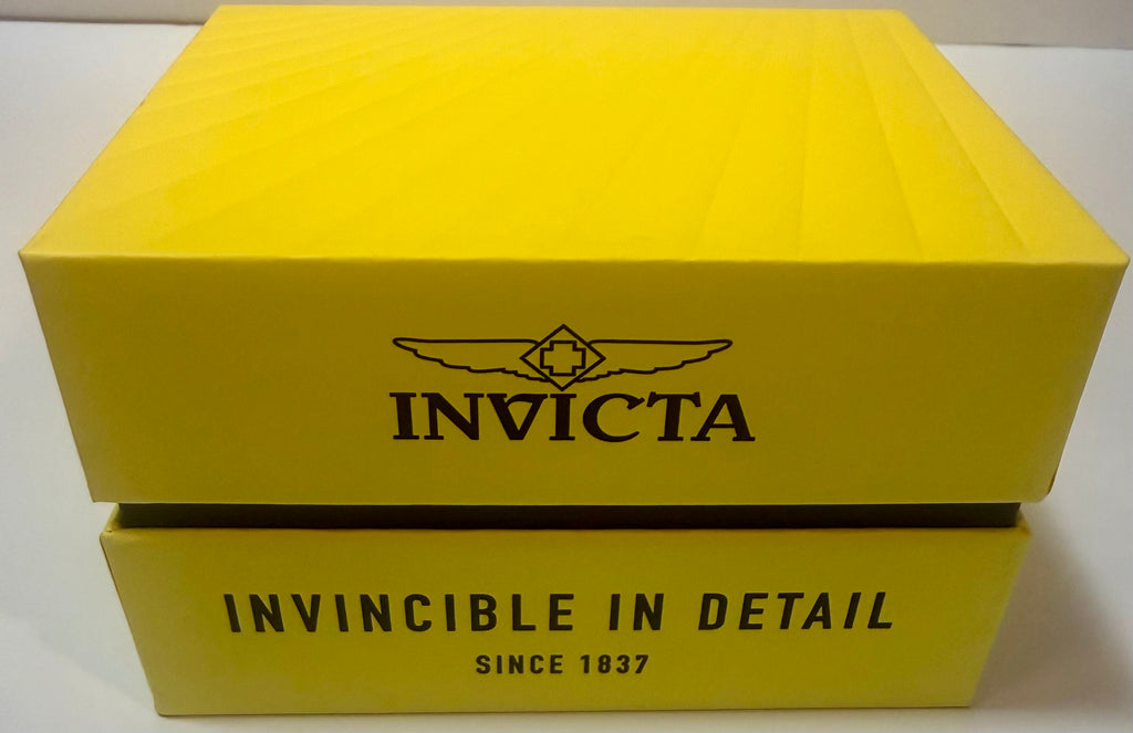 Yellow Invicta watch box with brand logo and tagline on a white background