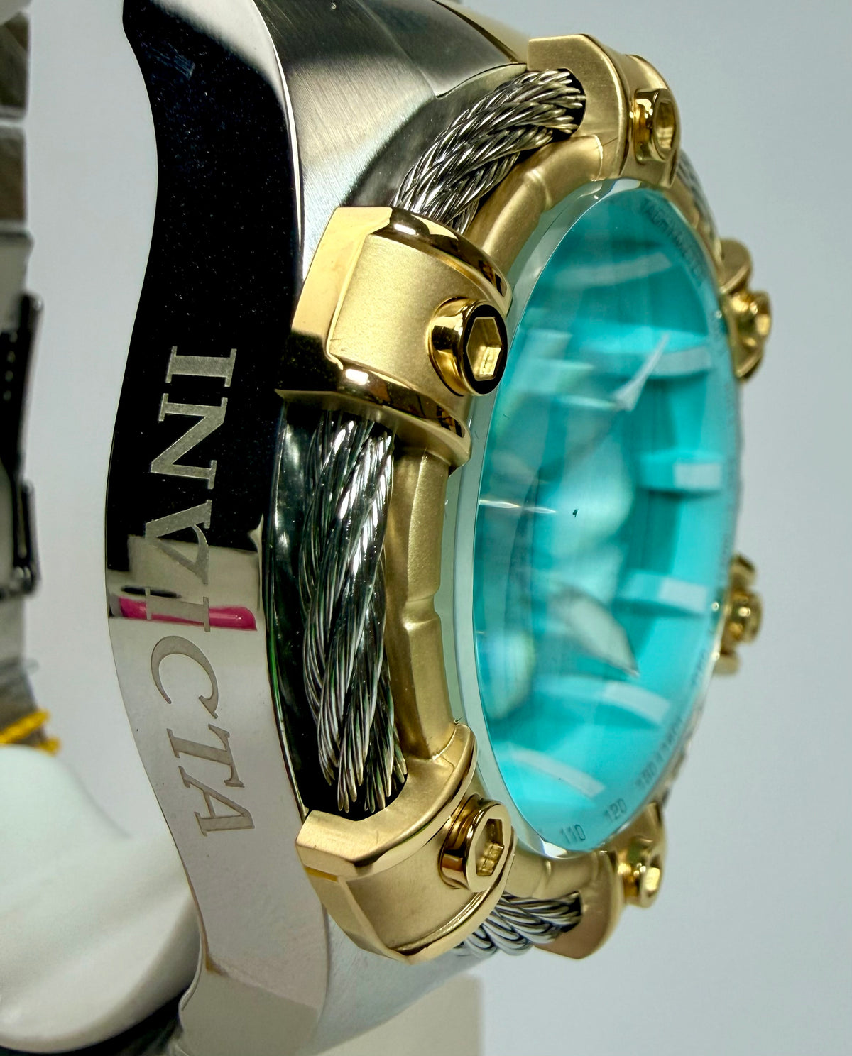 69802 Invicta Mens Bolt Valkir Gold 2 Tone Braided Steel Light Blue Dial 52mm Watch