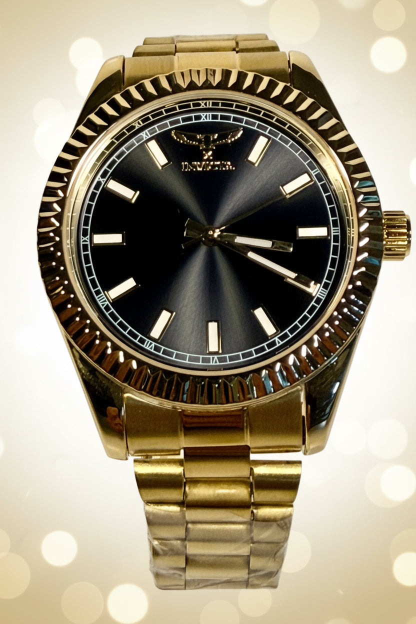69006 Invicta Specialty I Black Dial Yellow Gold Tone 40mm Stainless Mens Watch on pedestal