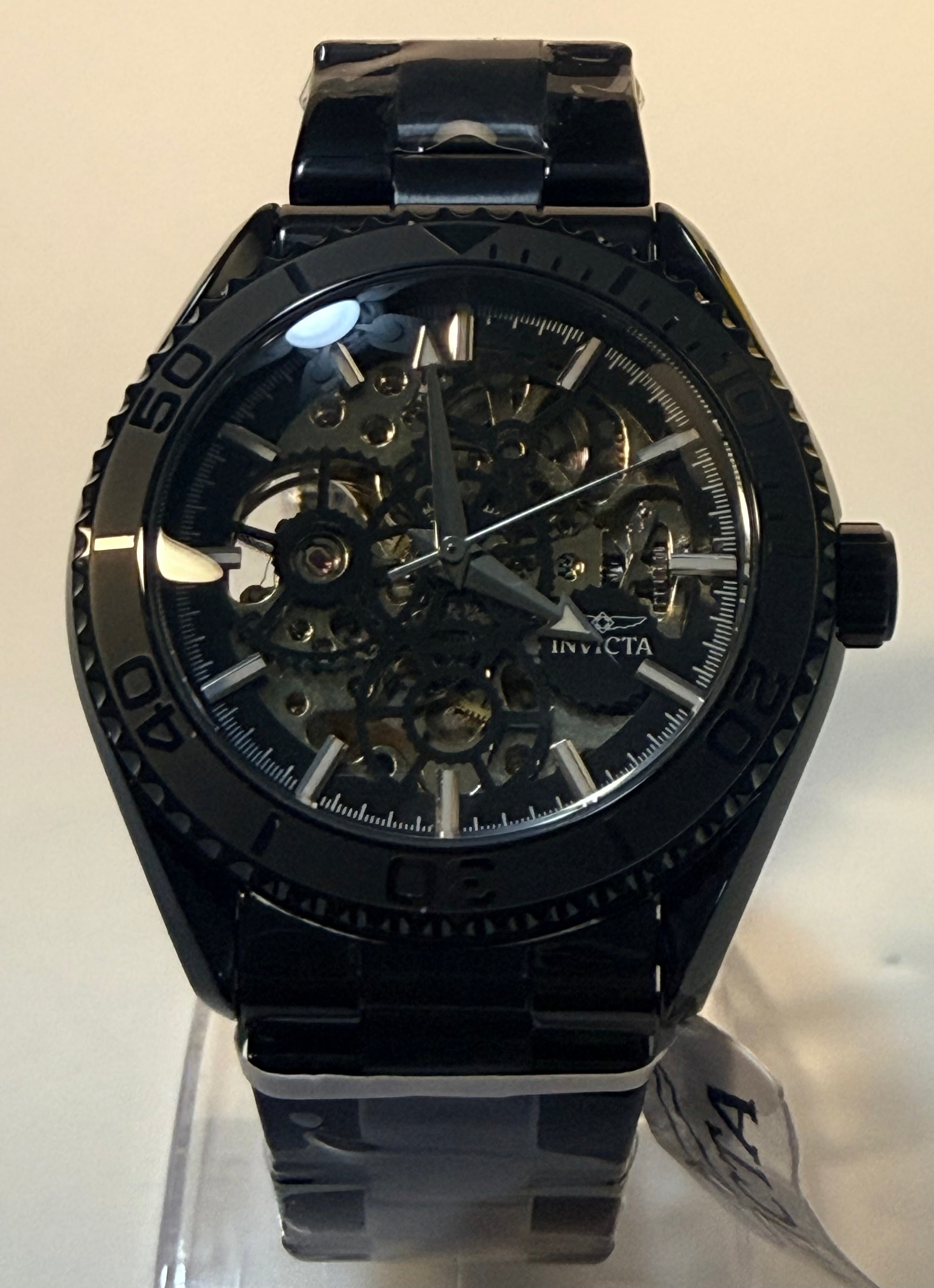 69507 Invicta Objet D Art Automatic Men Black Skeleton Dial Watch 41mm WR 30m close up