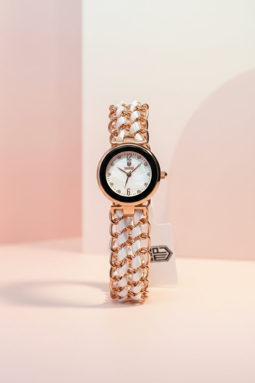 Ladies Montres Prestige watch Bracelet with watch face and gold chain design on a white background