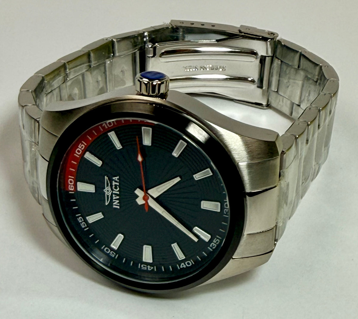 12829 Specialty Mens 45mm Case Stainless Steel Black Dial Red Accent