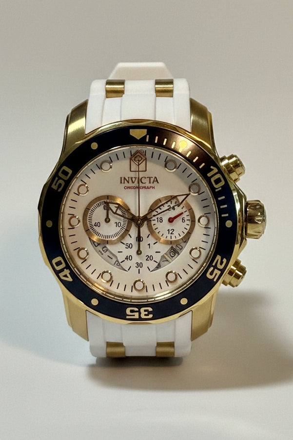 Invicta Pro Diver SCUBA Men's Watch - 48mm. Gold, White Luxury watch with gold and white strap on a white background