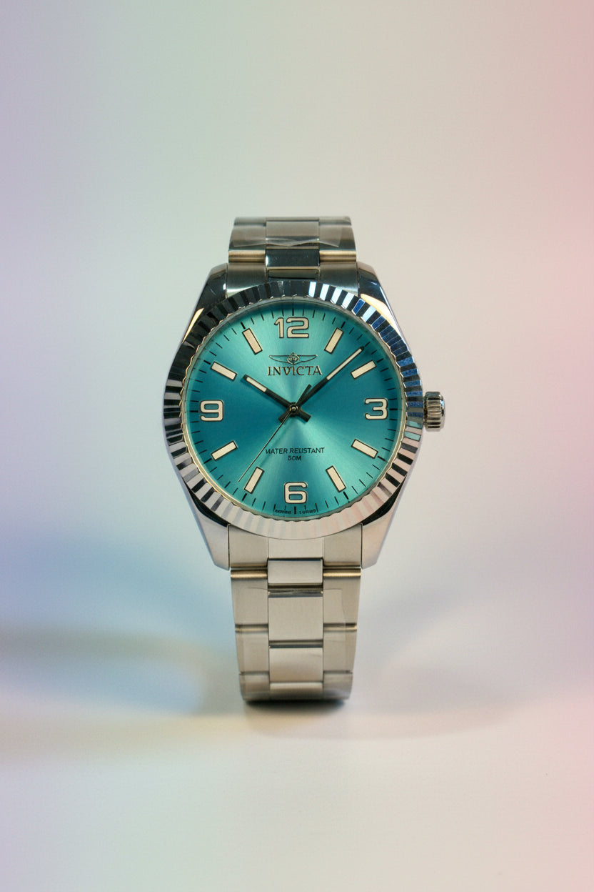 Invicta Specialty Stratford Silver watch with a blue face on a white background