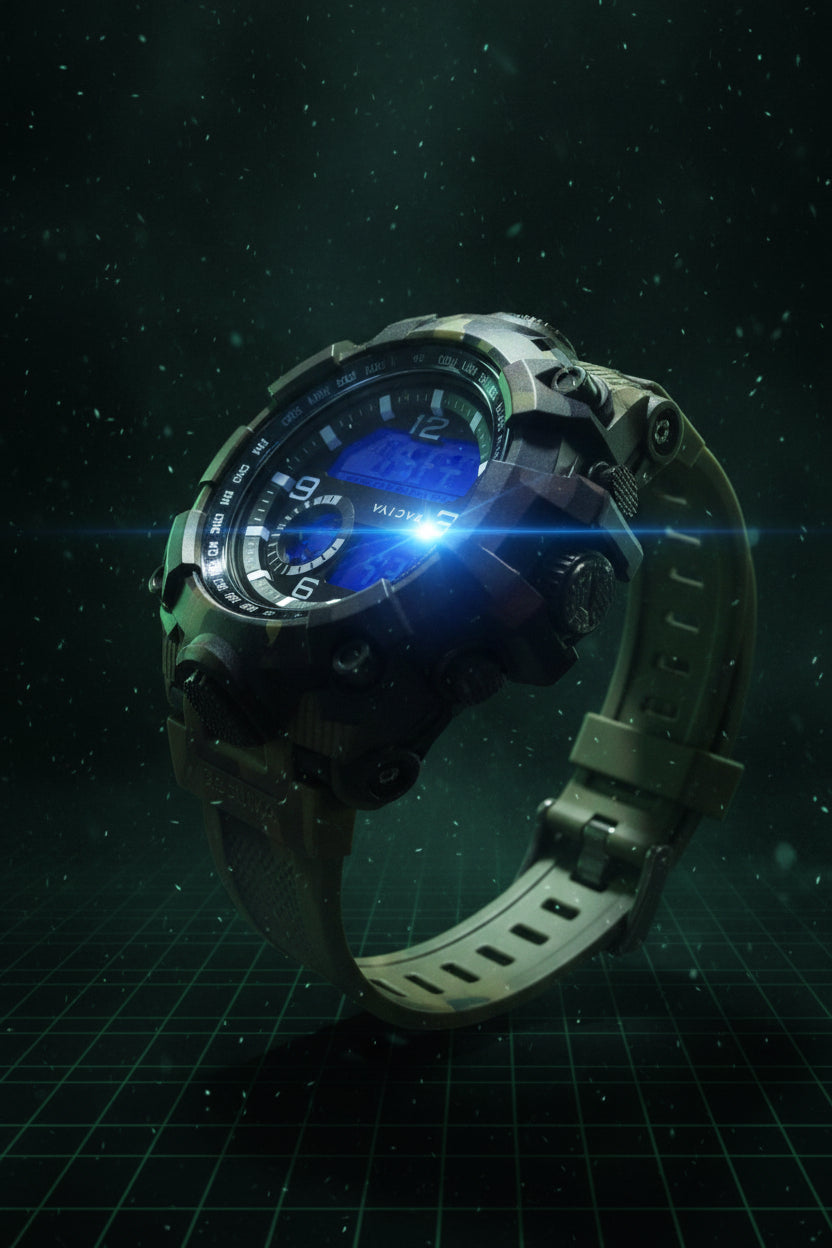 Activa Tactical X Digital watch with blue display on a white surface, Invicta branding visible.