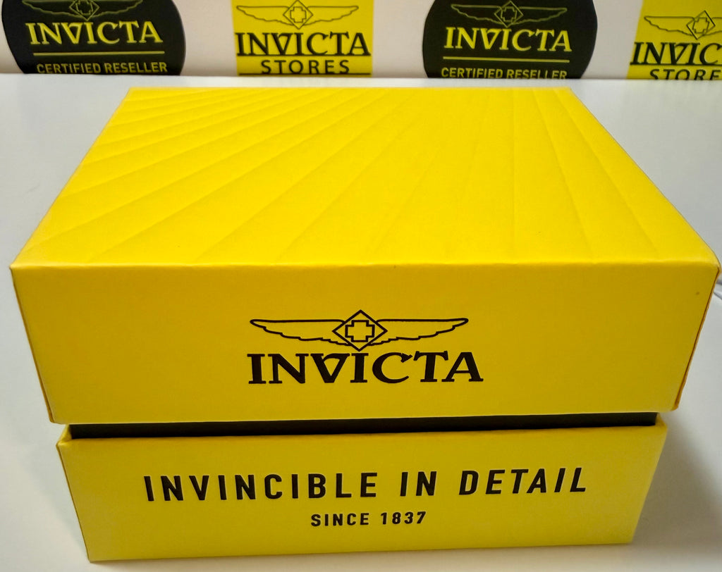 Yellow Invicta box with branding on a white background