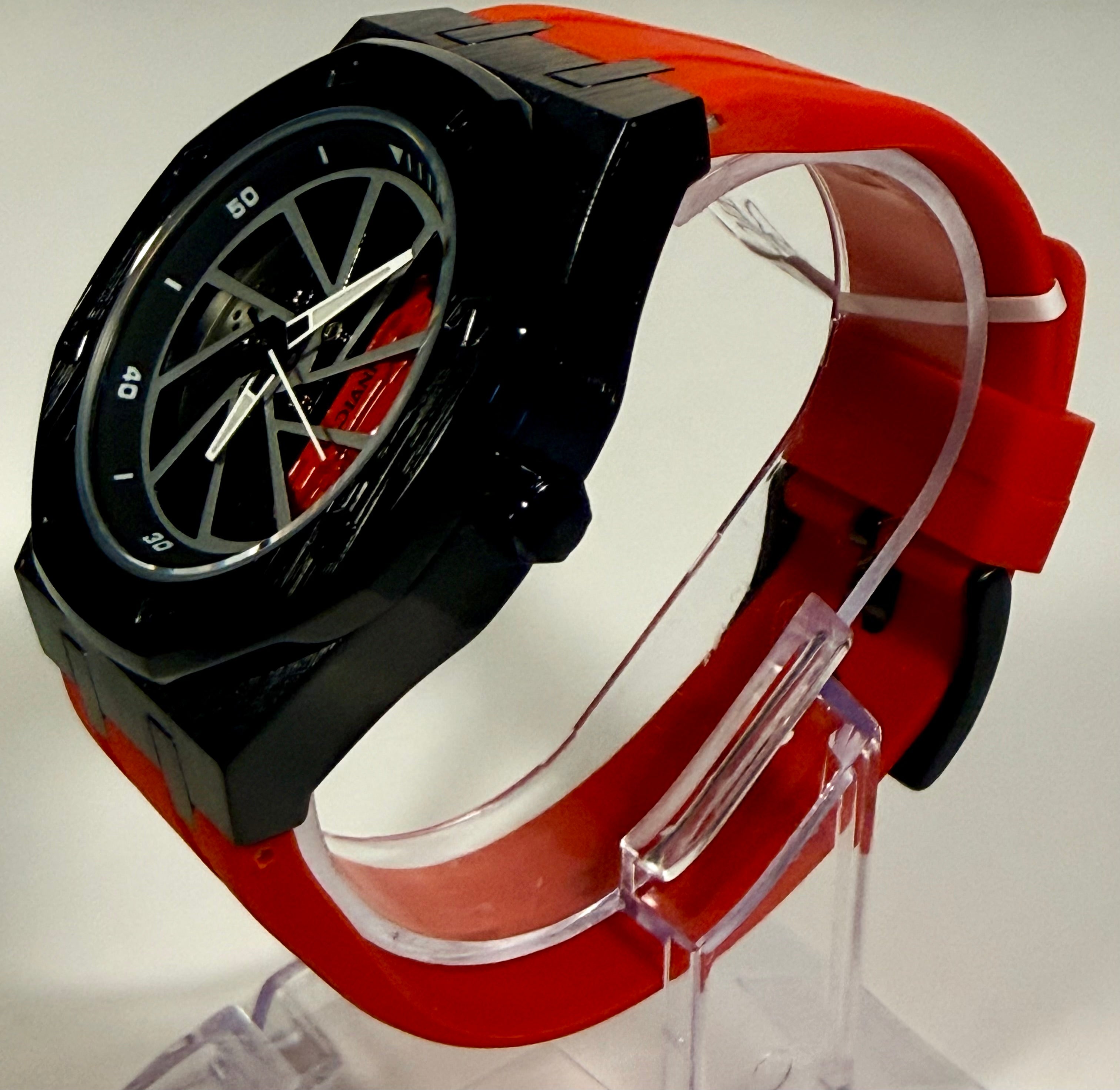 69491 Invicta Mens Speedway Rim Black Case Red Polyurethane Strap 42mm 30m Watch on stand
