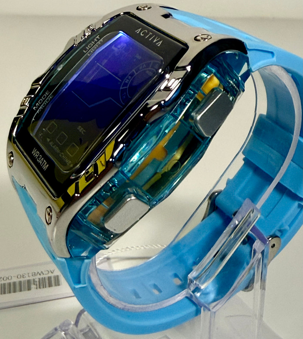 ACW8130-002 Activa by Invicta Digital Light Blue Poly Strap Mens Watch 46 mm NIB on pedestal