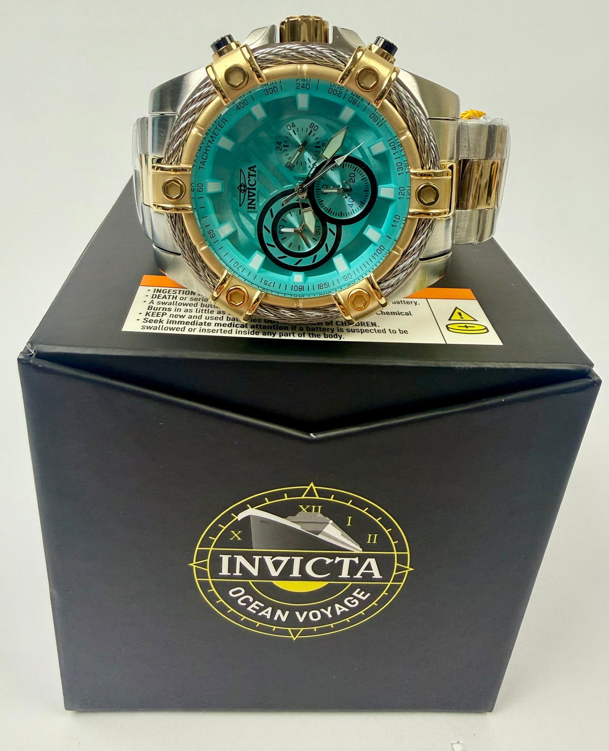 69802 Invicta Mens Bolt Valkir Gold 2 Tone Braided Steel Light Blue Dial 52mm Watch