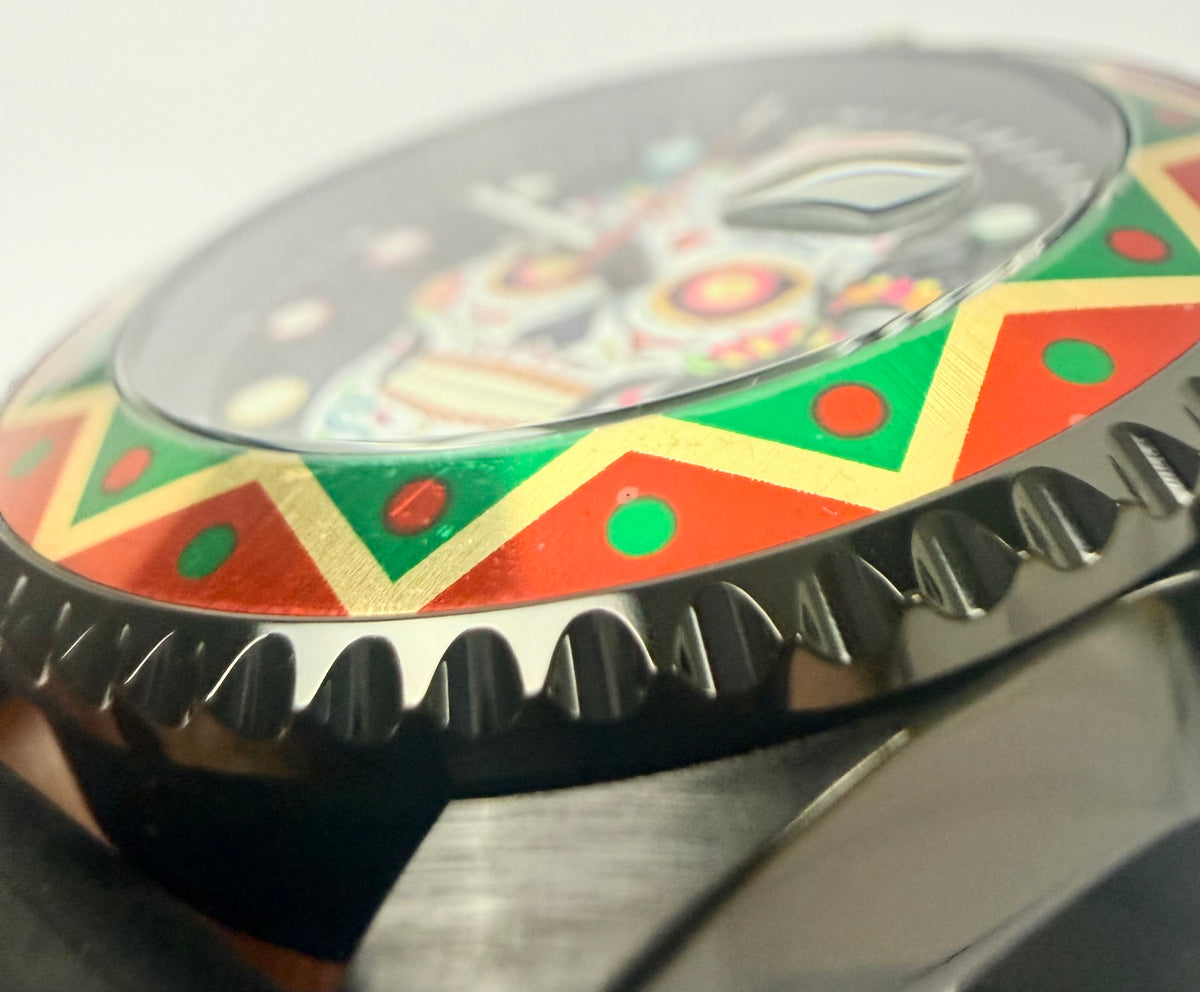43754 Mens Pro Diver Dia De Los Muertos Skull 43mm Black Silicone Watch