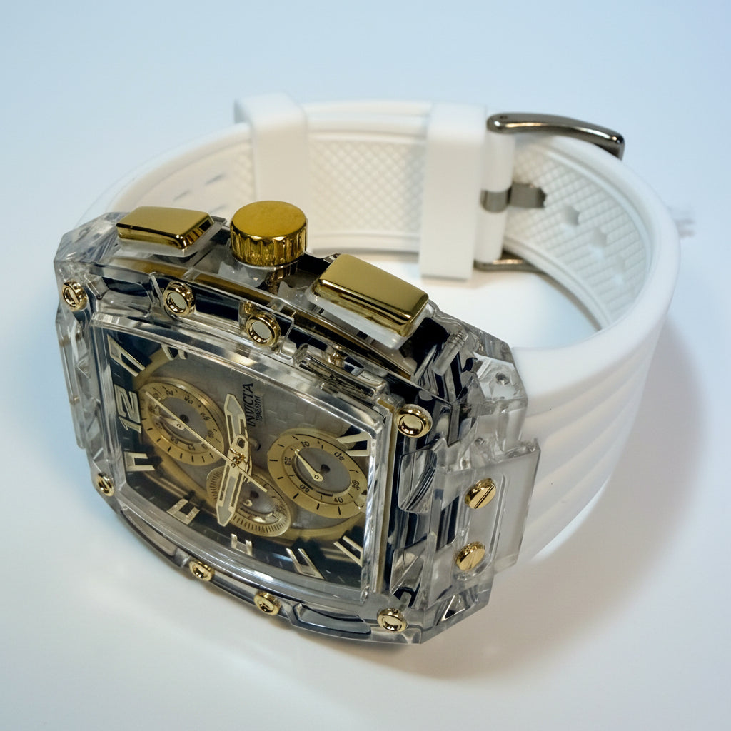 Invicta S1 Rally 42mm Gold Dial Transparent Case Quartz Chronograph Watch 70147 laying on a light colored surface
