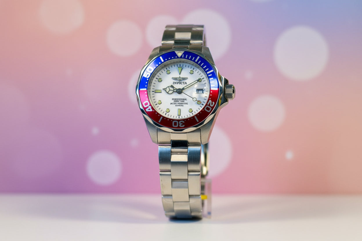 Ladies Pro Diver Silver watch with a red and blue bezel on a light gray backgroun
