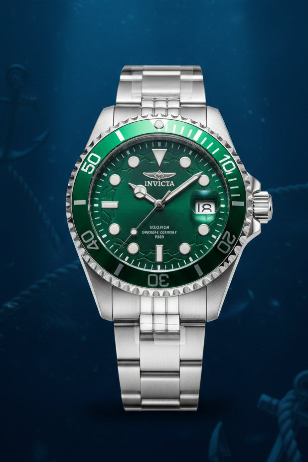 Invicta Mens Pro Diver 43mm Silver watch with green face on a white surface