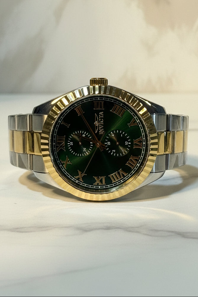 Invicta Mens Specialty Belmont 43mm Silver and gold watch with black dial on a white background