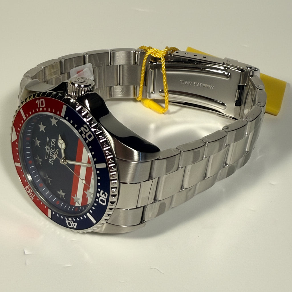 48942 Invicta Mens Pro Diver Stars and Stripes Edition 43mm Dial 200m Watch Lying flat