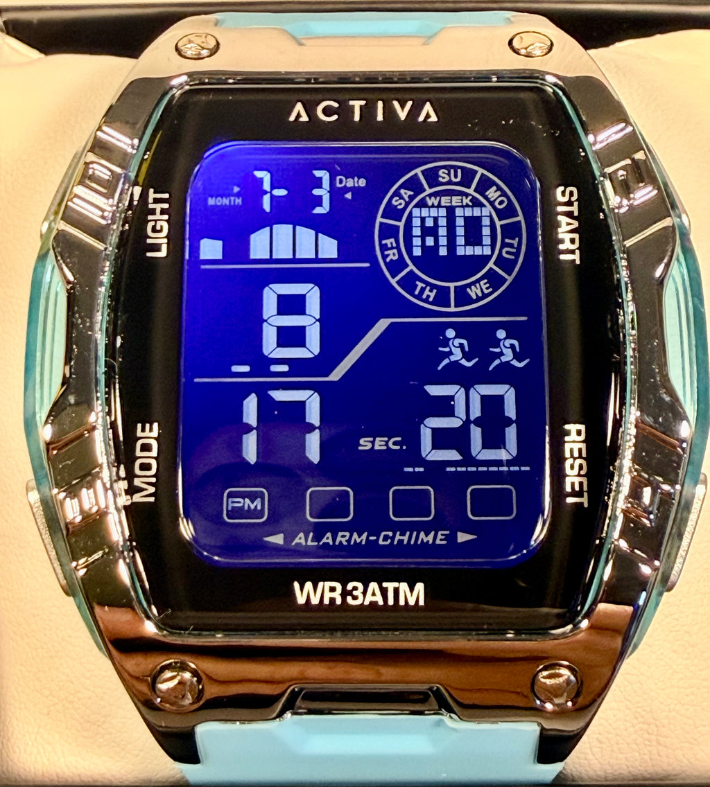 ACW8130-002 Activa by Invicta Digital Light Blue Poly Strap Mens Watch 46 mm NIB close up