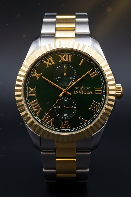 Invicta Mens Specialty Belmont 43mm Silver and gold watch with black face and Roman numerals on a white background