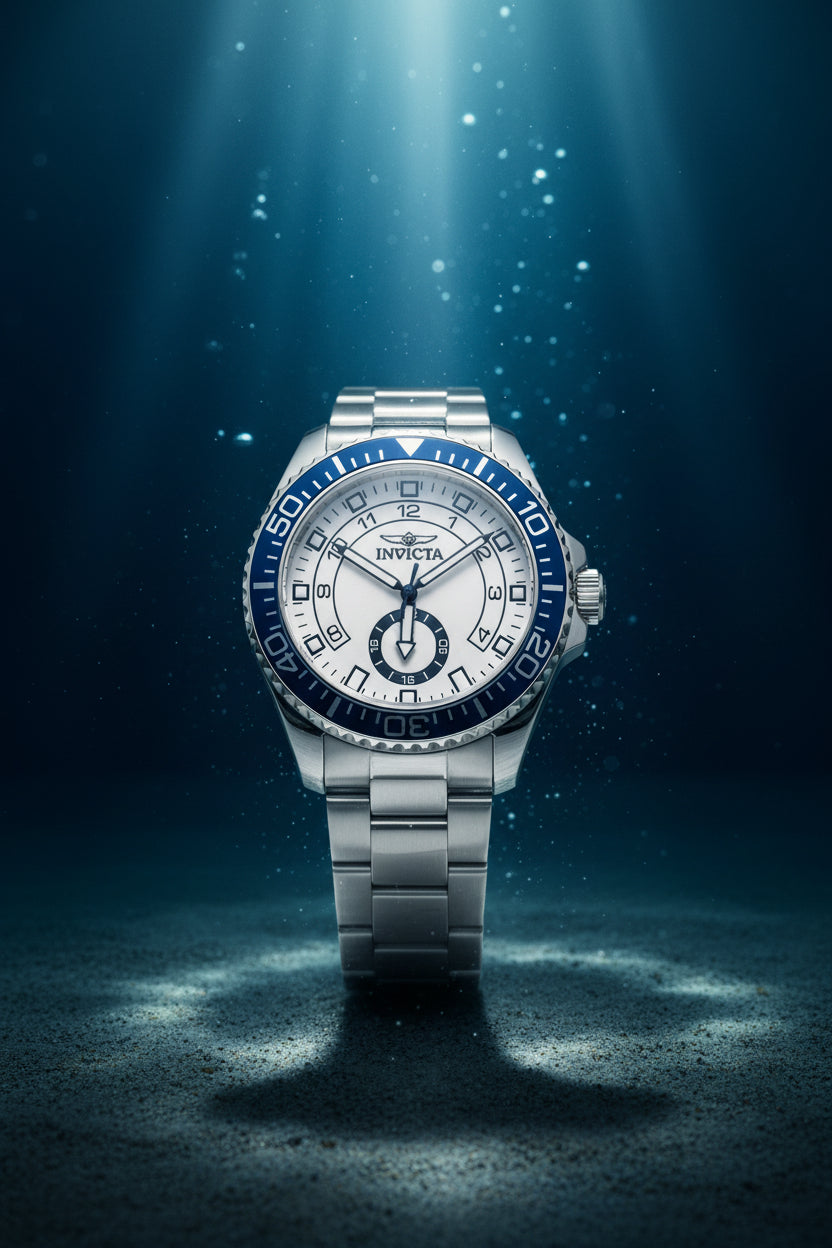 Invicta Mens Pro Diver Silver watch with blue accents on a white background