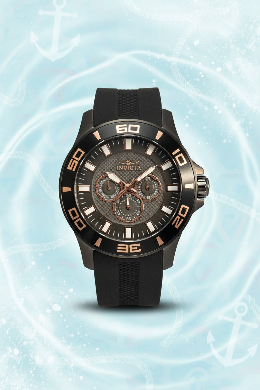 Invicta Mens Pro Diver Impact Black wristwatch with a detailed face on a white background