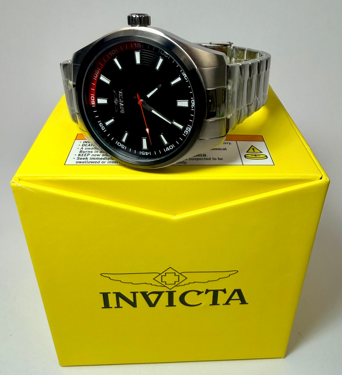 12829 Specialty Mens 45mm Case Stainless Steel Black Dial Red Accent