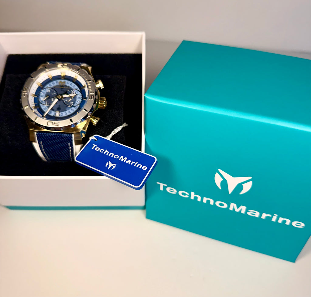TechnoMarine Reef Shark Swiss Ronda Z50 Caliber Men's Watch - 48mm. White, Blue (ZG-TM-519007) pictured with presentation box
