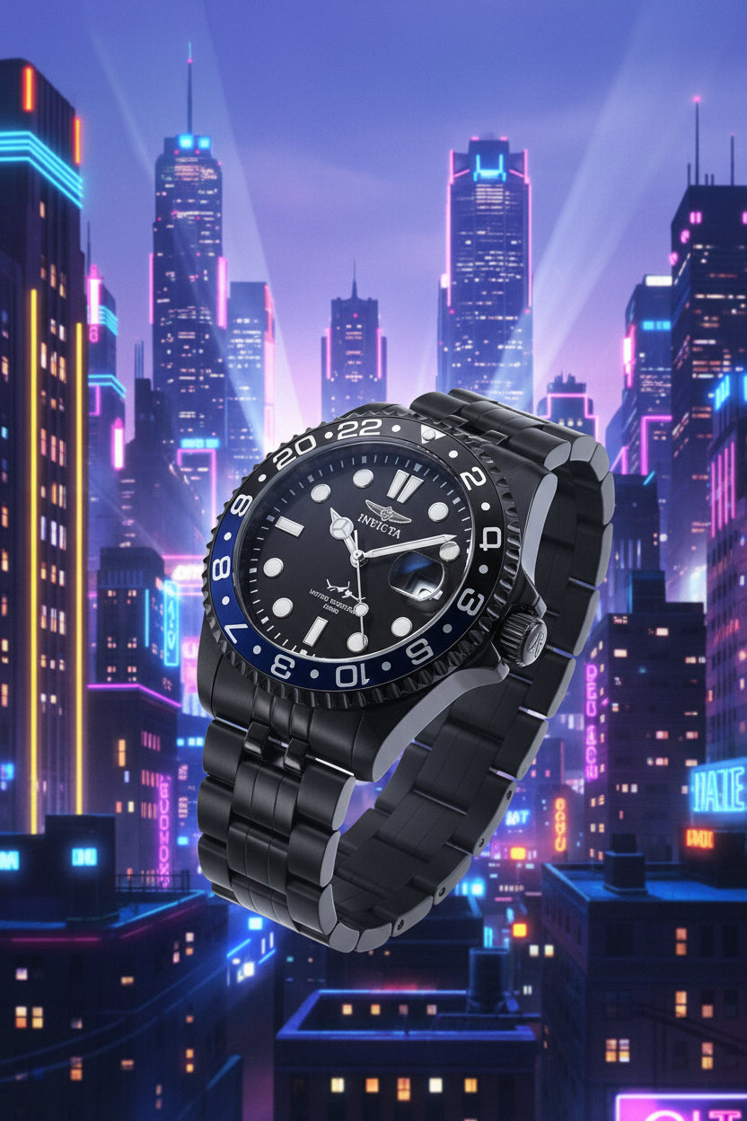 Invicta Mens Pro Diver Black and blue watch with a metallic band on a light background