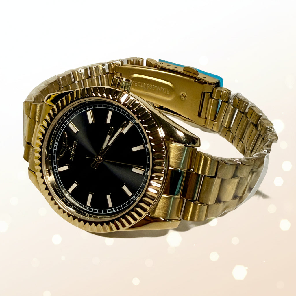 69006 Invicta Specialty I Black Dial Yellow Gold Tone 40mm Stainless Mens Watch lying on a flat surface