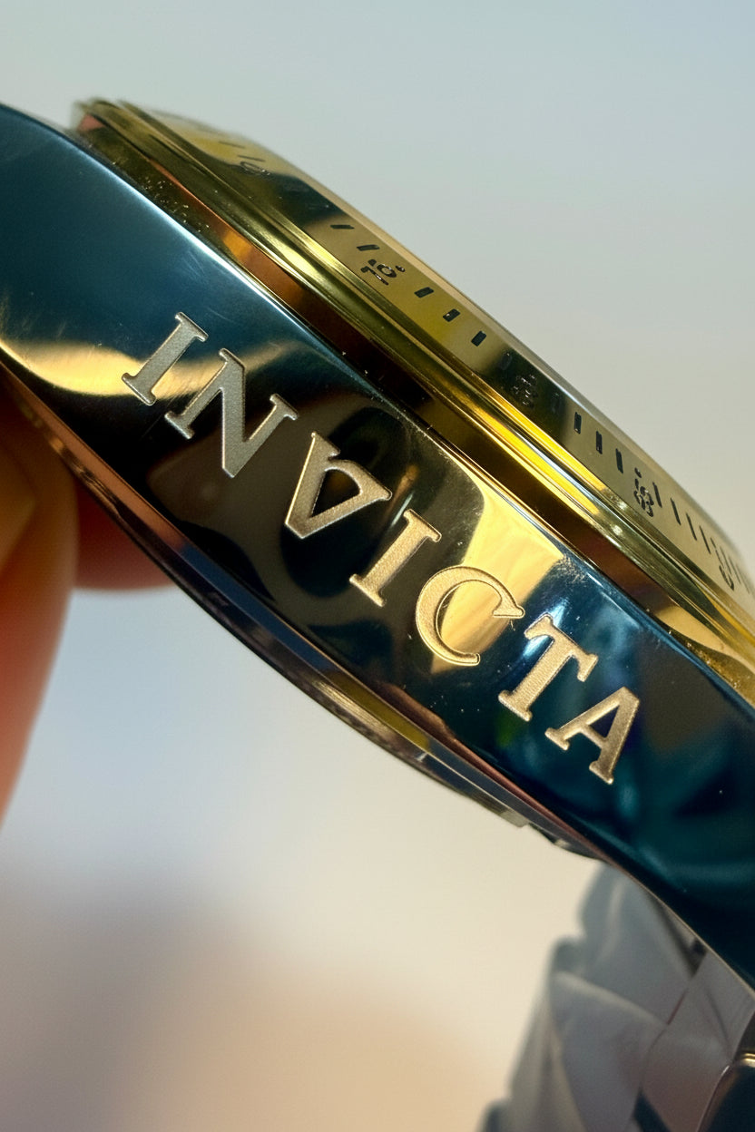Close-up of a Invicta Speedway Monte Carlo watch band with a blurred background