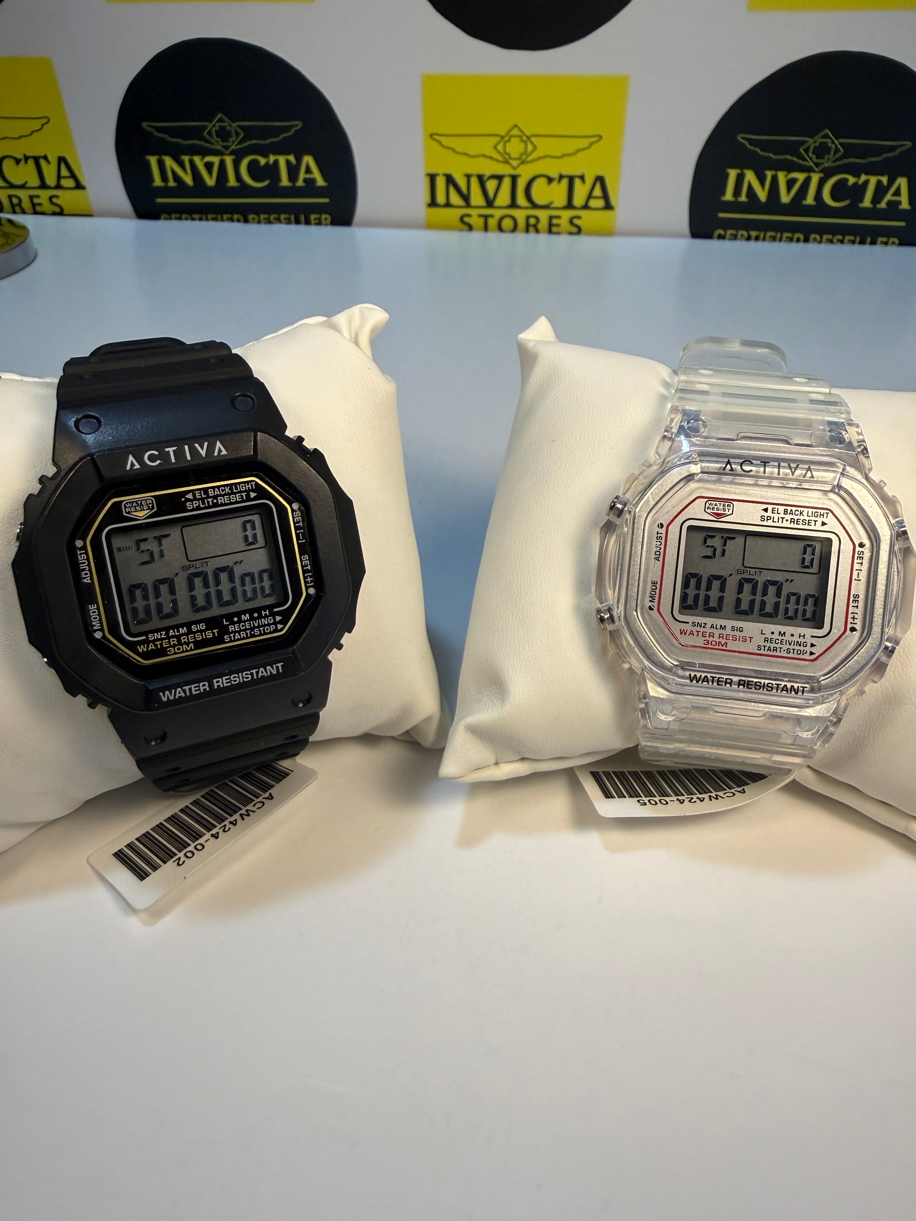 Activa ebony and Ivory Bundle Two digital watches, one black and one transparent, on a white surface with Invicta branding in the background.