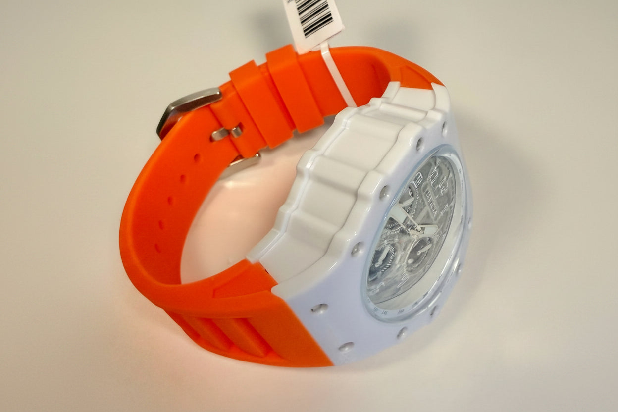 Invicta Racing Vaulthan 44 mm Orange Silicone Chronograph Black Dial Watch 69672 flat on table view