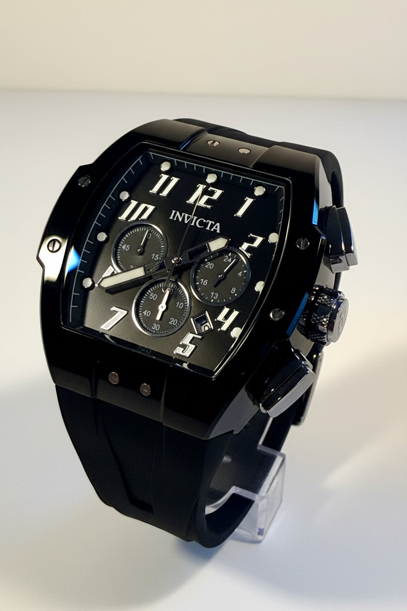 45480 Invicta S1 Rally Chronograph 47 mm Black Smoke Dial Mens Tonneau Watch NIB on pedestal