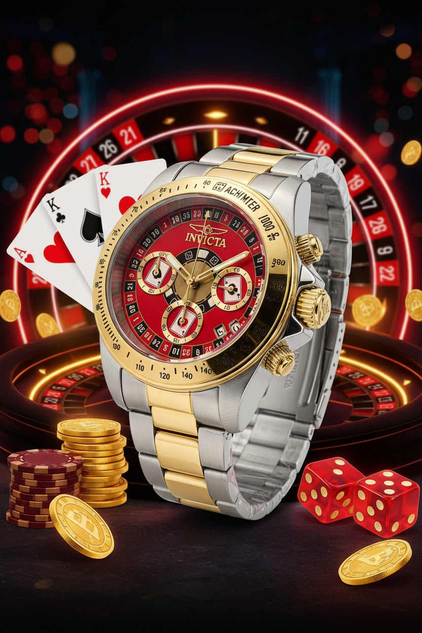 Invicta Speedway Monte Carlo Silver and gold watch with a red face on a white background