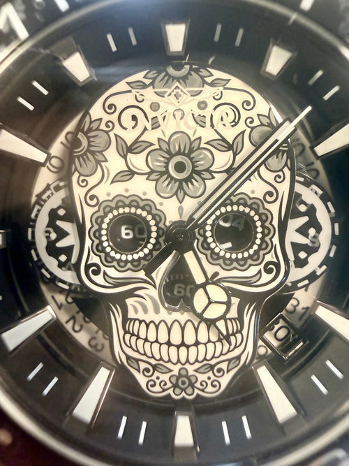 43753 Mens Pro Diver Dia De Los Muertos 43mm Black Stainless Steel Date Watch close up