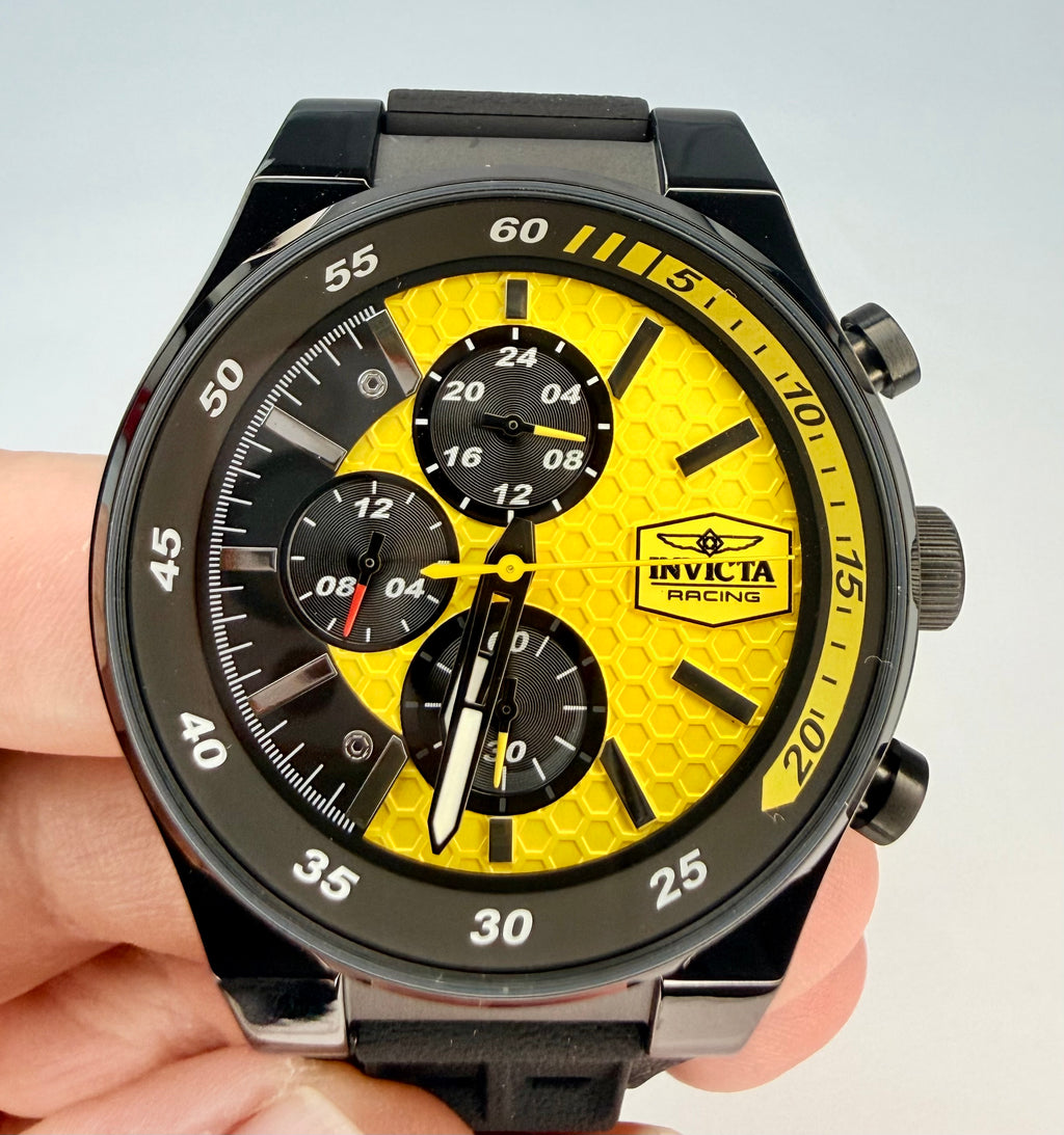 48876 Invicta Racing Mens Watch 44mm Black Case Yellow Dial Chronograph