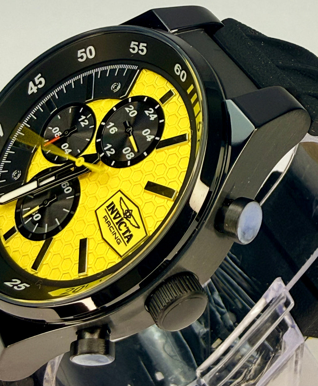 48876 Invicta Racing Mens Watch 44mm Black Case Yellow Dial Chronograph