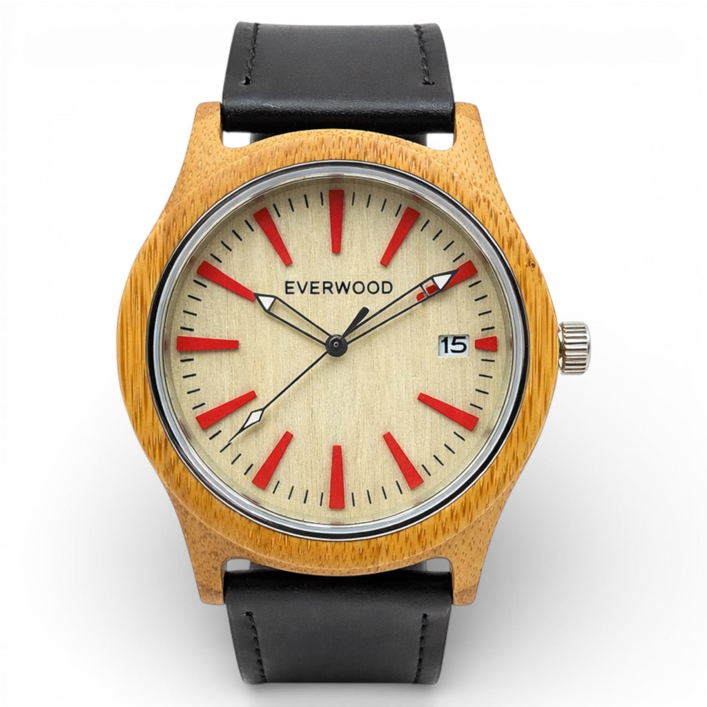 Everwood Kylemore Multi colored Bamboo Quartz Watch 45mm case leather strap