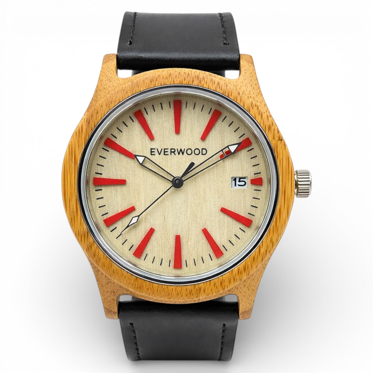 Everwood Kylemore Multi colored Bamboo Quartz Watch 45mm case leather strap