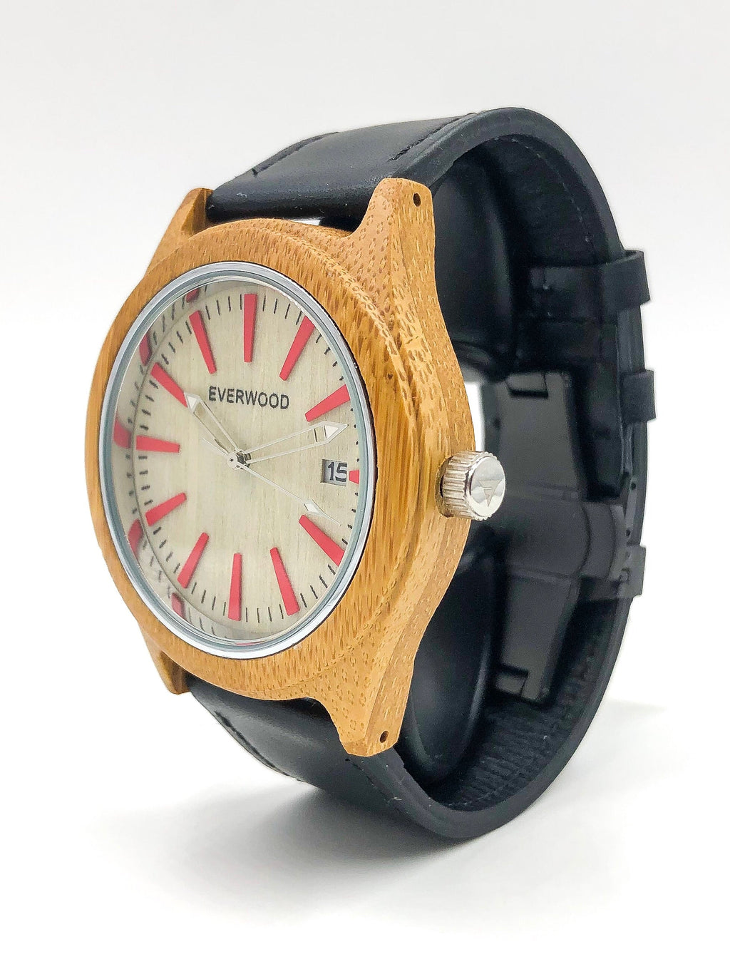 Everwood Kylemore Multi colored Bamboo Quartz Watch 45mm case leather strap
