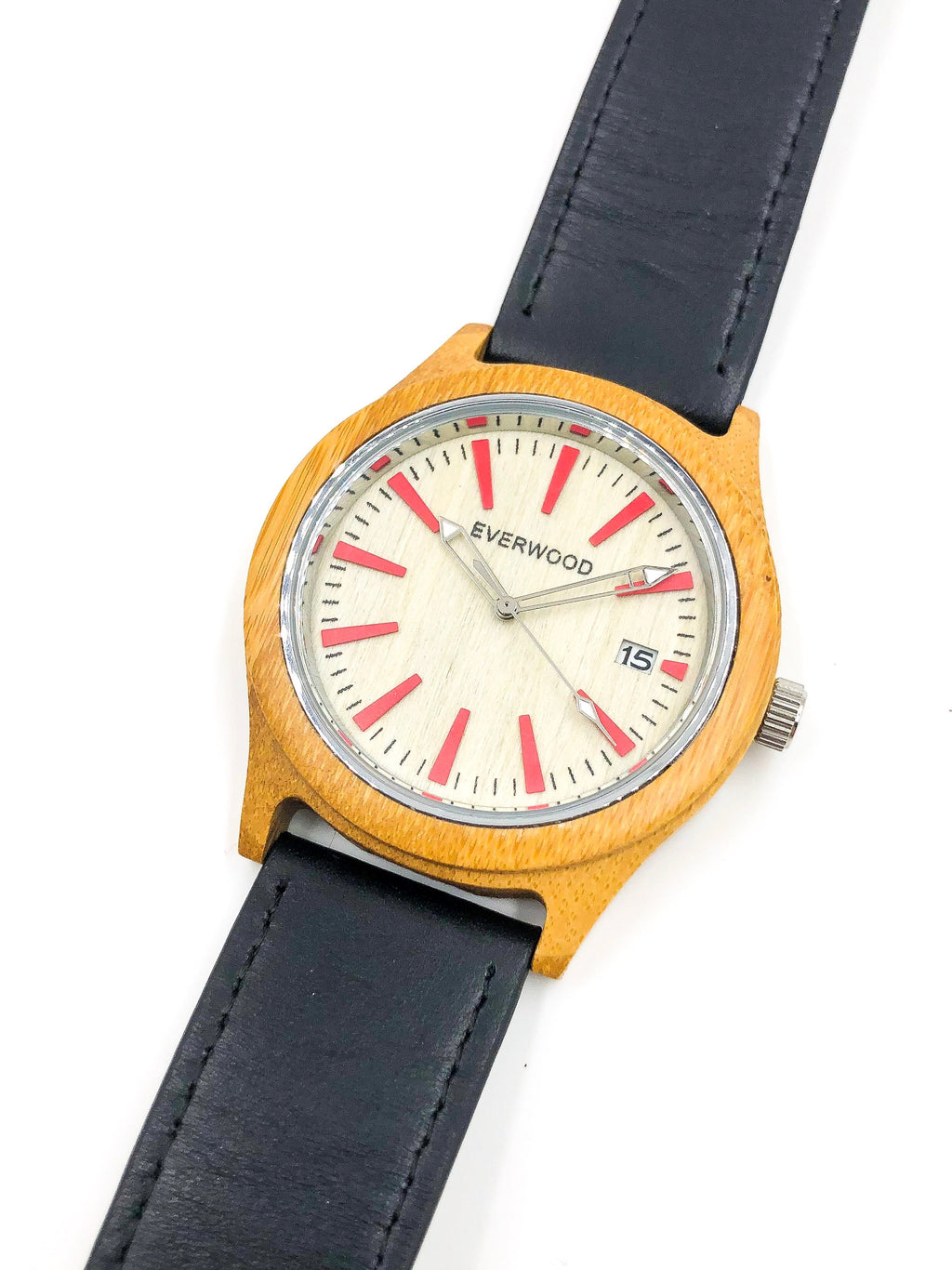 Everwood Kylemore Multi colored Bamboo Quartz Watch 45mm case leather strap