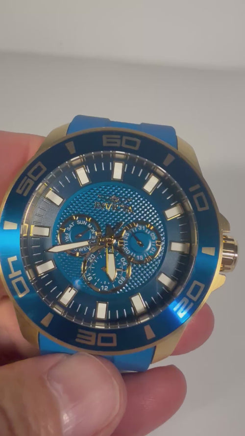 28002 Invicta Mens Pro Diver Impact Blue Dial Gold Tone Silicone 50mm 100m Watch video