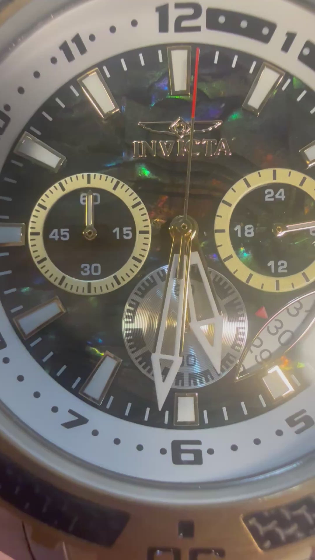 49852 Mens Pro Diver 51mm Goldtone Steel Abalone Dial Chronograph GMT Date Watch