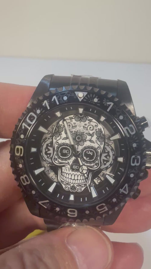 43753 Mens Pro Diver Dia De Los Muertos 43mm Black Stainless Steel Date Watch video